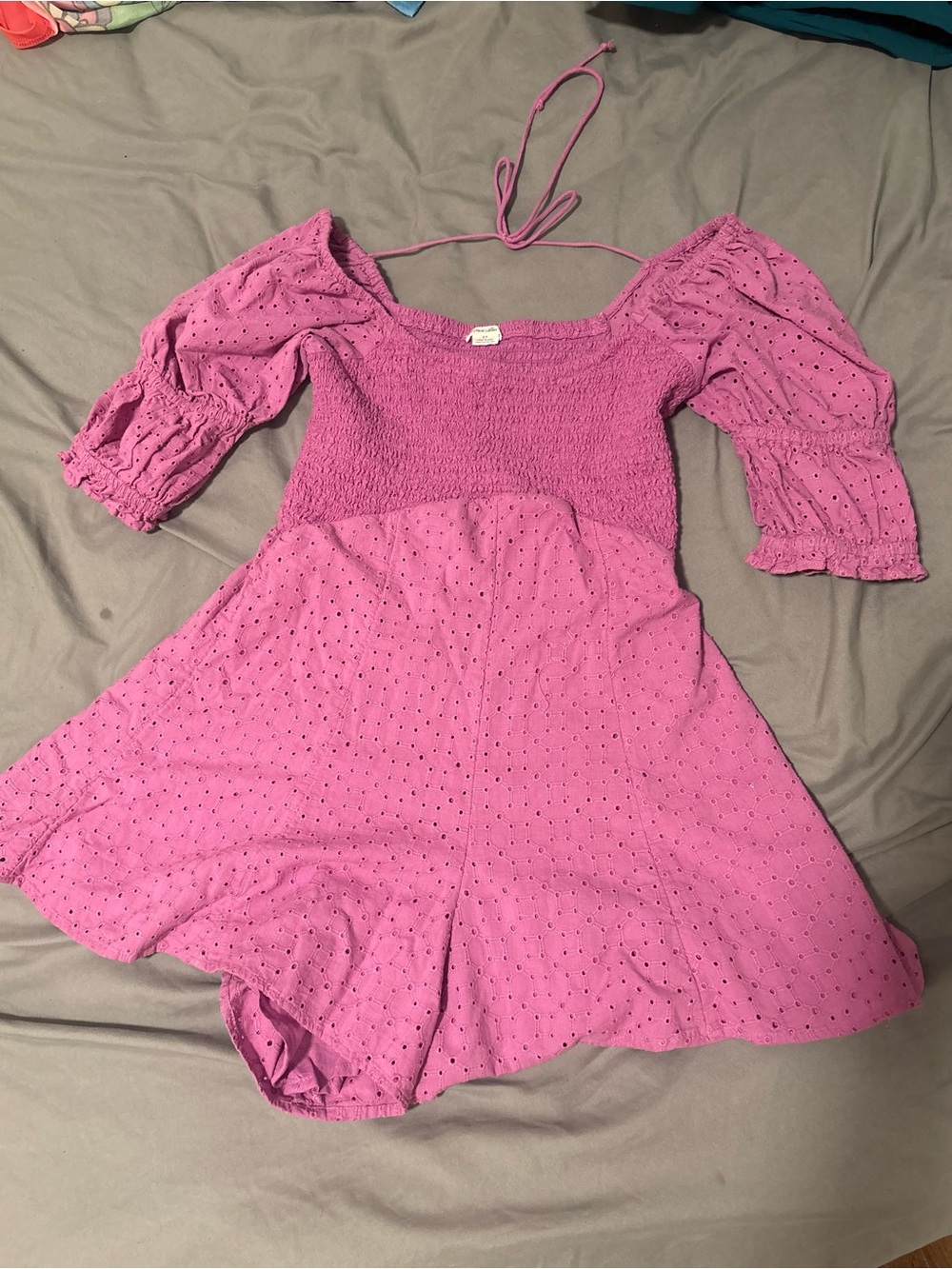 Kimchi Blue Pink Eyelet Smocked romper with Puff Sleeves